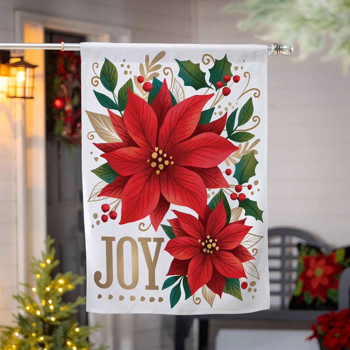 Joy Poinsettia Burlap House Flag - Tampa Home & Garden Store