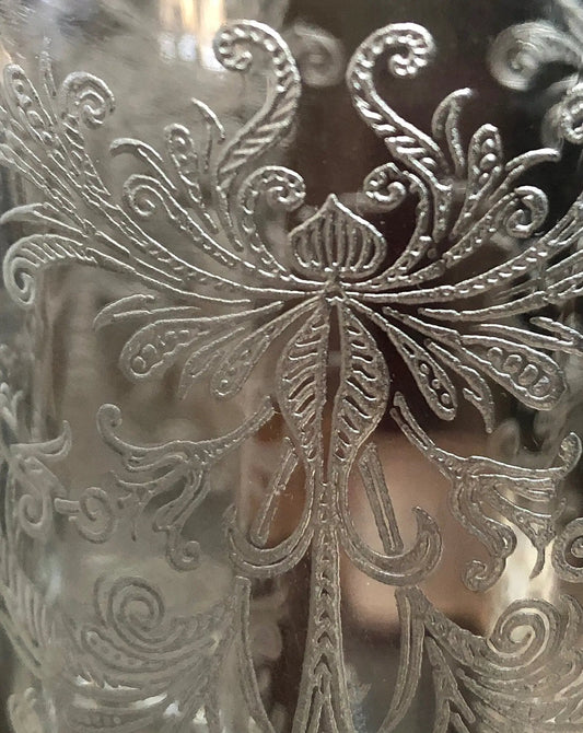 Tiffin Byzantine Pattern footed tumblers; five etched clear glasses with scroll motif on Tampa Home & Garden Store