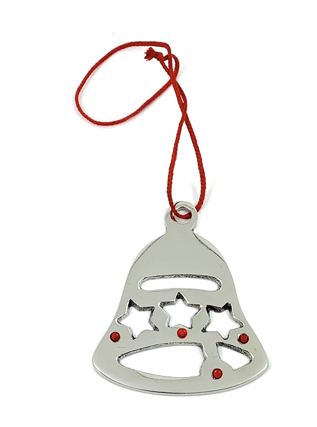 Vibhsa Jingle Bell Christmas ornament, silver metal bell with star cutouts and red loop on Tampa Home & Garden Store