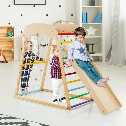 6-in-1 Jungle Gym Playground with Ramp and Bars wooden indoor playset featuring climbing net and slide on Tampa Home & Garden Store