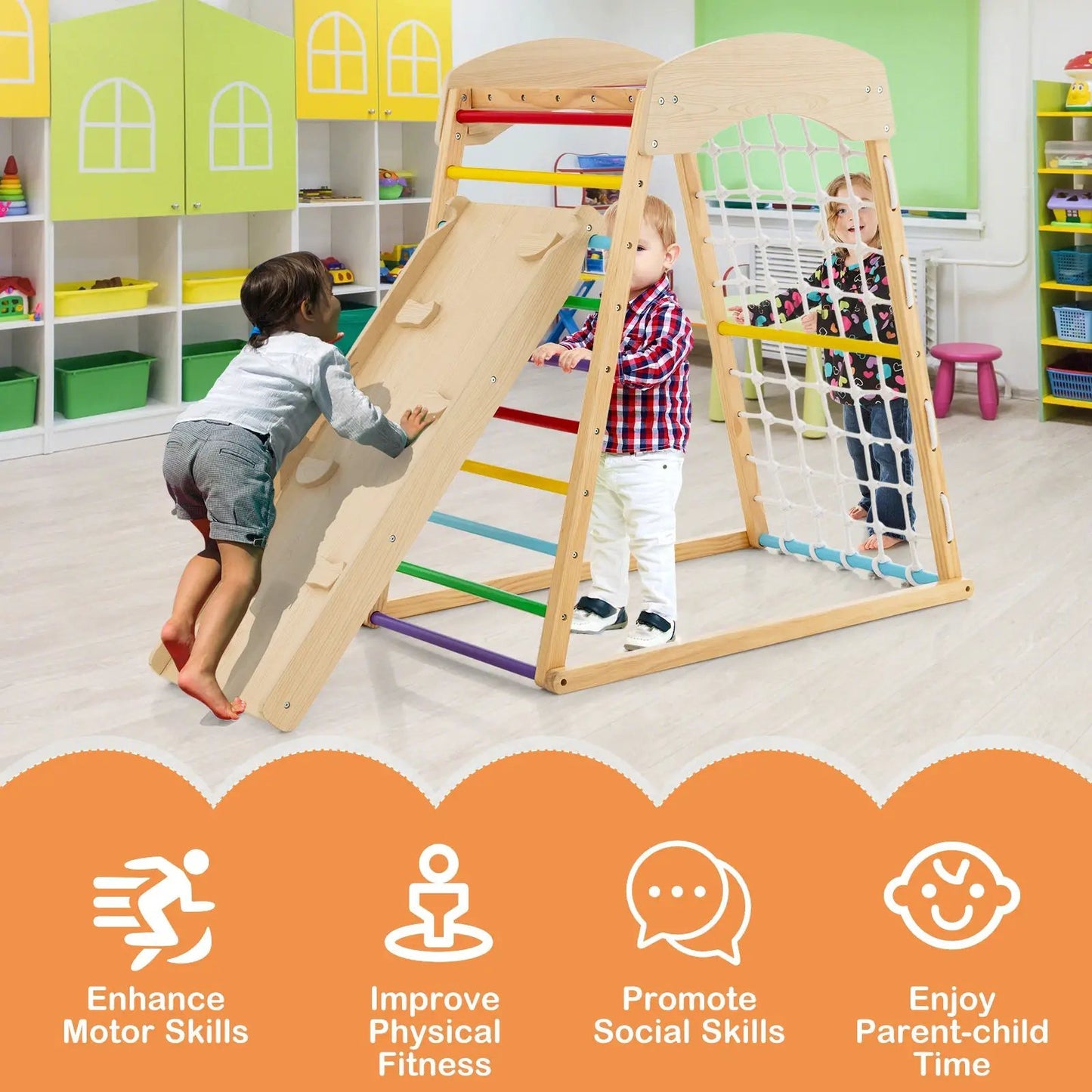 6-in-1 Jungle Gym Wooden Indoor Playground with Double-Sided Ramp and Monkey Bars-Multicolor - Tampa Home & Garden Store