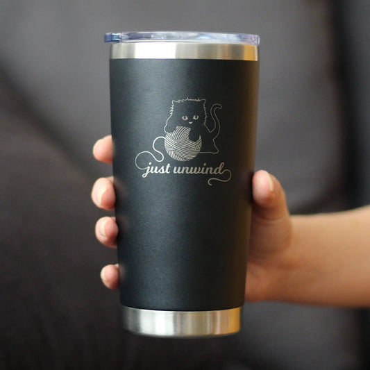 Just Unwind Cat Insulated Tumbler bevvee black stainless steel with lid on Tampa Home & Garden Store