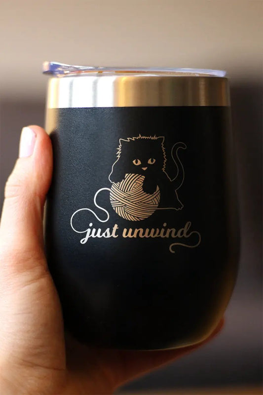 Just Unwind Cat Wine Tumbler with Sliding Lid black stainless steel gold cat yarn ball bevvee on Tampa Home & Garden Store