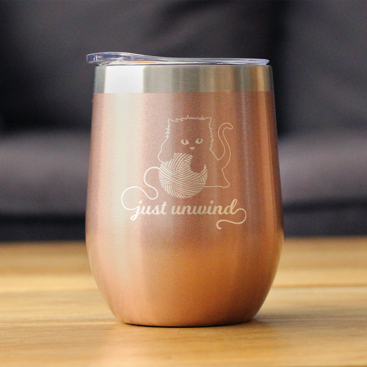 Just Unwind Cat Wine Tumbler with Sliding Lid rose-gold tumbler with cat design bevvee on Tampa Home & Garden Store
