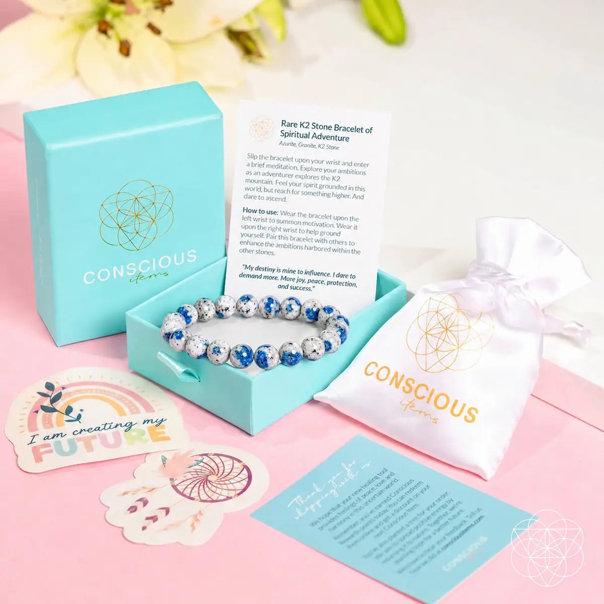 Bracelet Rare K2 Stone beads with blue speckles, Conscious Items in turquoise box on Tampa Home & Garden Store