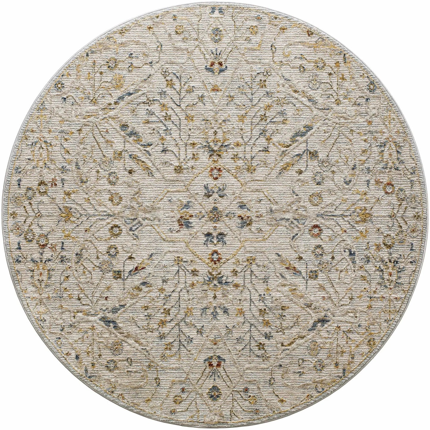 Kabungahan Oushak Floral Rug in Cream, round rug with blue-gold floral motif Boutique Rugs on Tampa Home & Garden Store