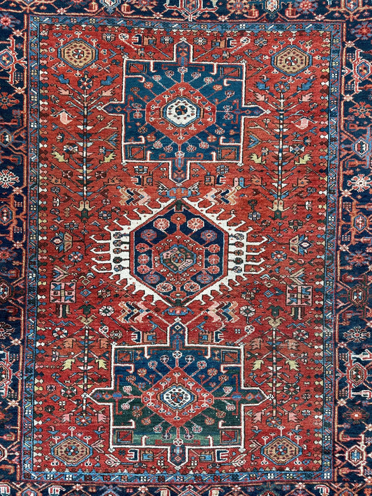 Rug Karaja Heriz 4 ft 9 in by 6 ft red field with blue borders medallions on Tampa Home & Garden Store