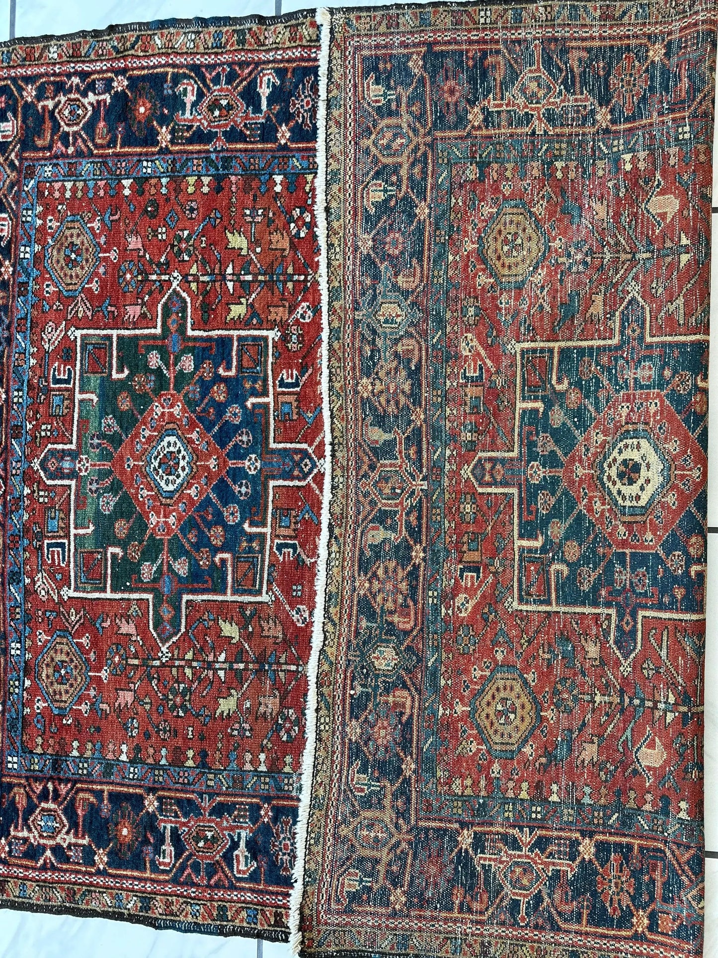 Rug Karaja Persian Heriz 4 ft 9 in by 6 ft, red and blue geometric medallions, two rugs on Tampa Home & Garden Store