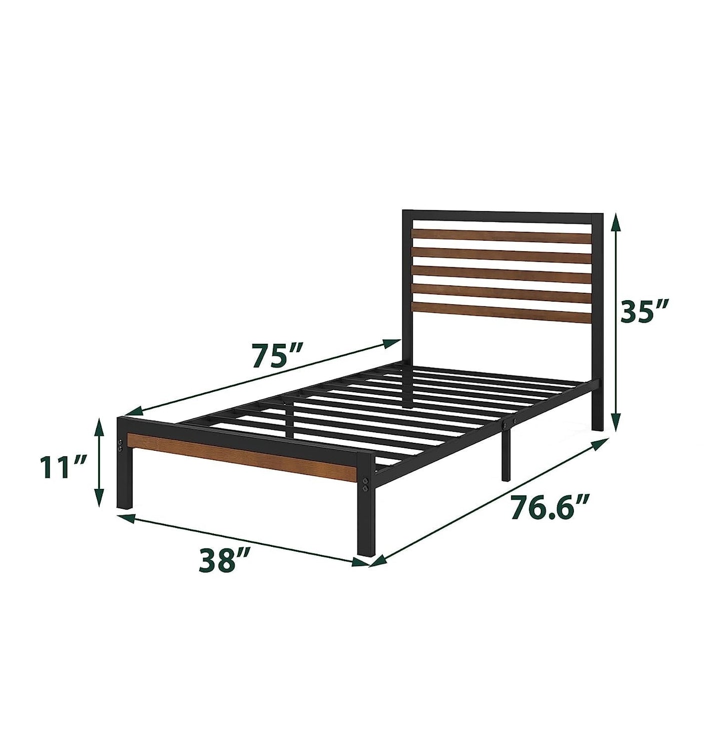 Base de cama de plataforma doble de metal con cabecero y piecero de listones de madera de bambú