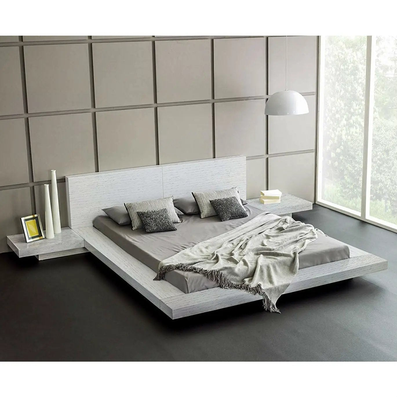 King platform bed with headboard and integrated nightstands in ash white finish by HomePacific on Tampa Home & Garden Store