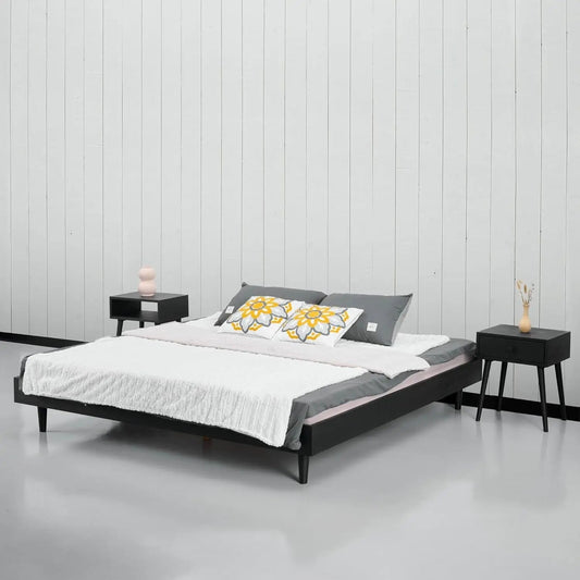 King Size Mid-Century Modern Platform Bed Frame in black with low legs and two nightstands on Tampa Home & Garden Store