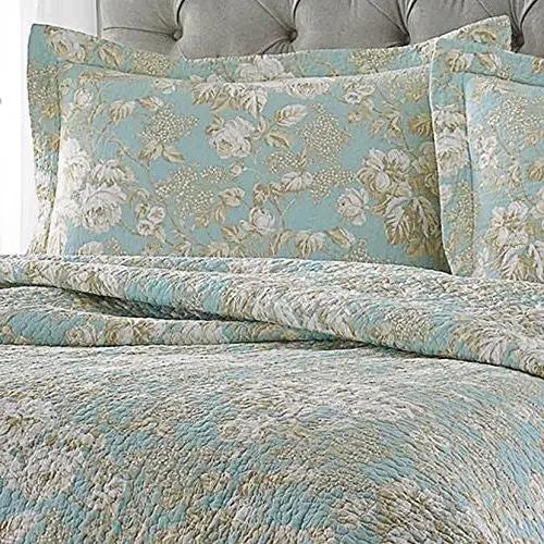 King size 3-Piece Reversible Cotton Quilt Set with Seafoam Blue Beige Floral Pattern - Tampa Home & Garden Store