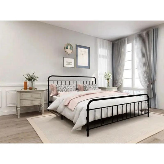 King Black Metal Platform Bed Frame with rounded headboard and footboard in a stylish bedroom on Tampa Home & Garden Store