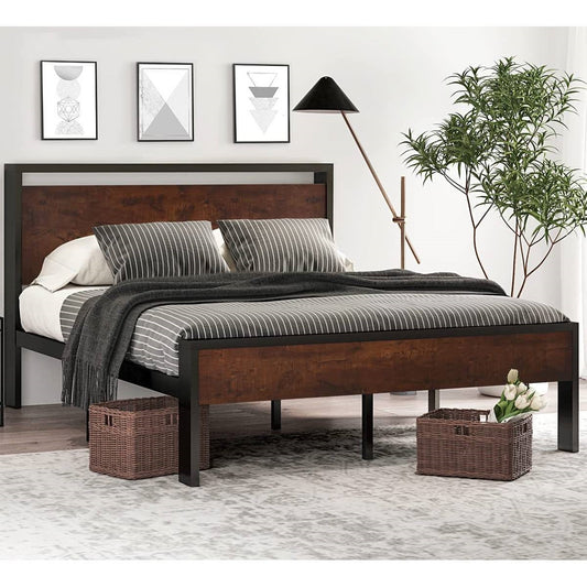 King Metal Platform Bed Frame with Mahogany Wood Panel Headboard Footboard - Tampa Home & Garden Store