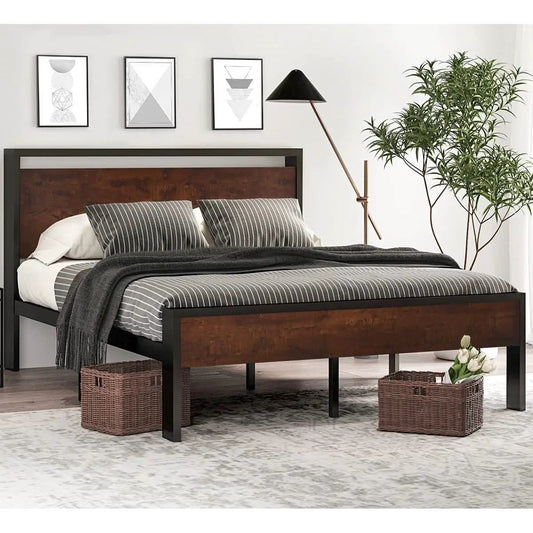 King metal platform bed frame with mahogany headboard and dark wood panel by HomePacific on Tampa Home & Garden Store