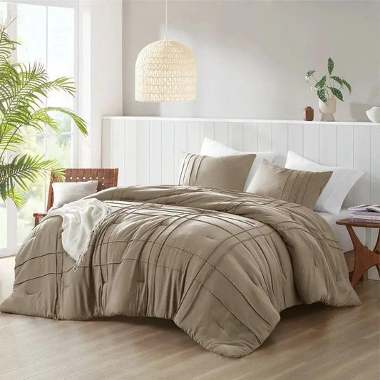 King Size Microfiber Pleated Comforter Set in tan taupe with shams in a bright room on Tampa Home & Garden Store