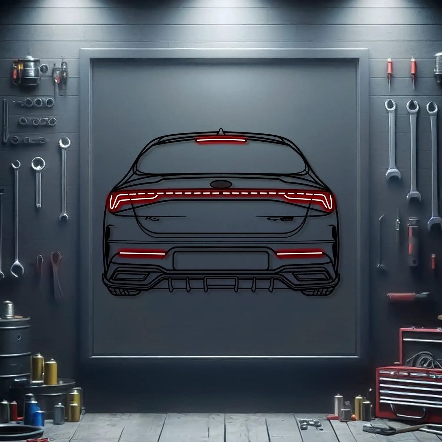 K5 GT Line Back View Neon Car Wall Art by Modello Turbo with red neon accents on garage door on Tampa Home & Garden Store