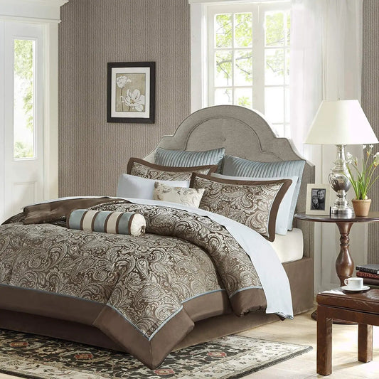 King 12 Cotton Polyester Comforter Blue Paisley with brown trim on a bed in a neutral bedroom on Tampa Home & Garden Store
