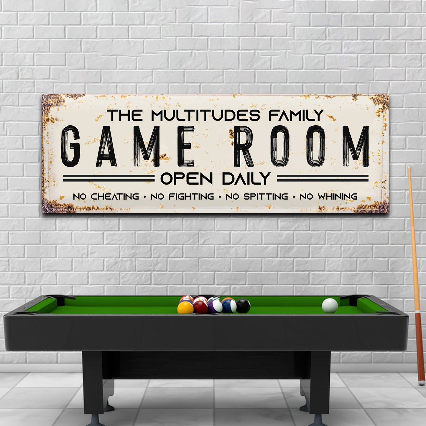 Family Game Room sign canvas by Tailored Canvases, bold black lettering above a pool table, on Tampa Home & Garden Store