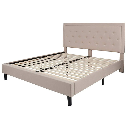 King beige upholstered platform bed with tufted headboard and slatted foundation on Tampa Home & Garden Store