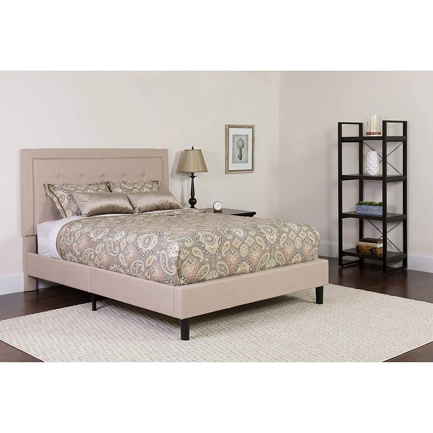 King Beige Upholstered Platform Bed Frame with Button Tufted Headboard - Tampa Home & Garden Store