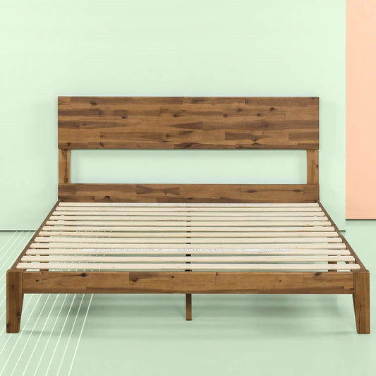 King size modern wood platform bed with headboard in medium brown, slatted frame on Tampa Home & Garden Store