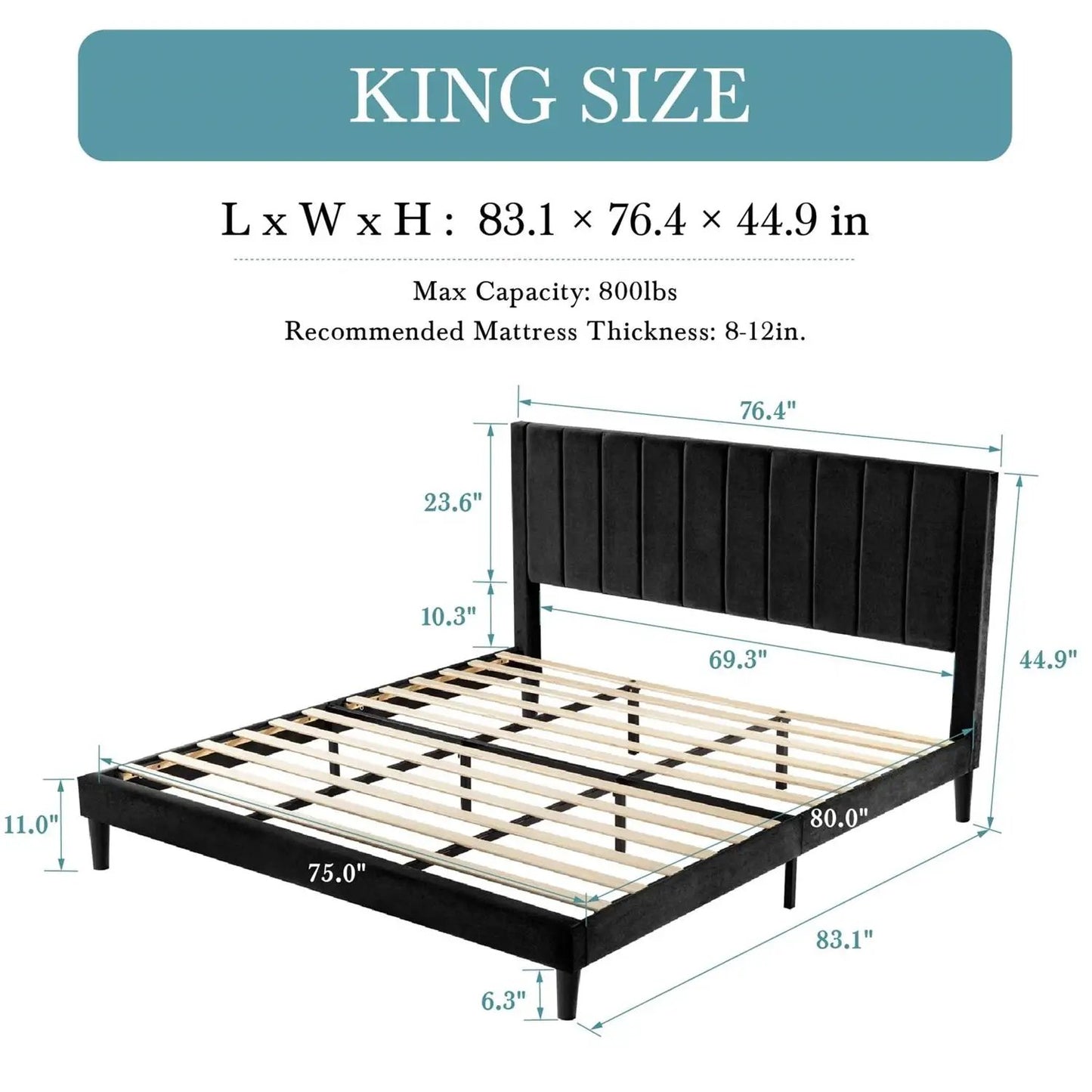 King size Black Velvet Upholstered Platform Bed Frame with Headboard - Tampa Home & Garden Store