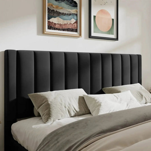 King size velvet platform bed with black upholstered headboard and vertical channel tufting on Tampa Home & Garden Store