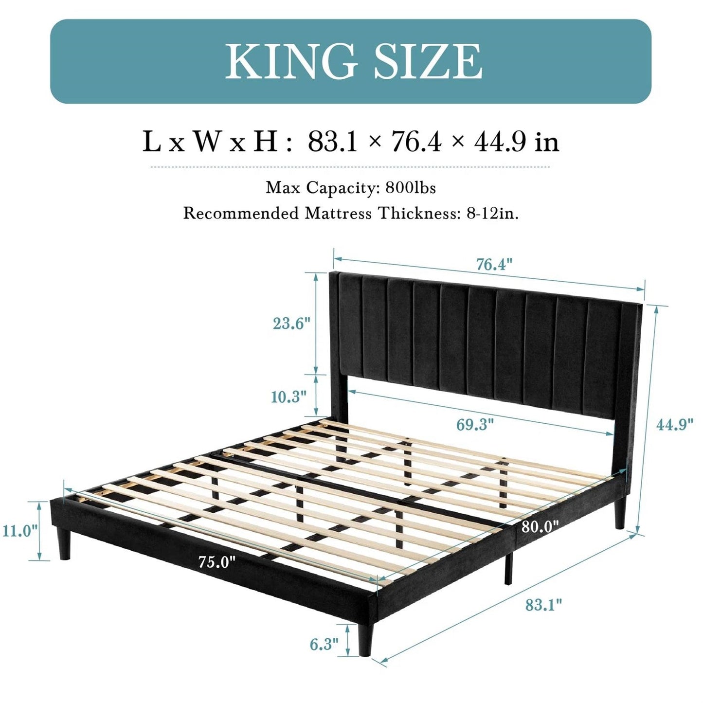 Cama de plataforma tapizada de terciopelo negro moderno tamaño King con cabecero