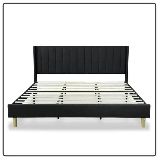 King size black linen platform bed with upholstered headboard by HomePacific on Tampa Home & Garden Store