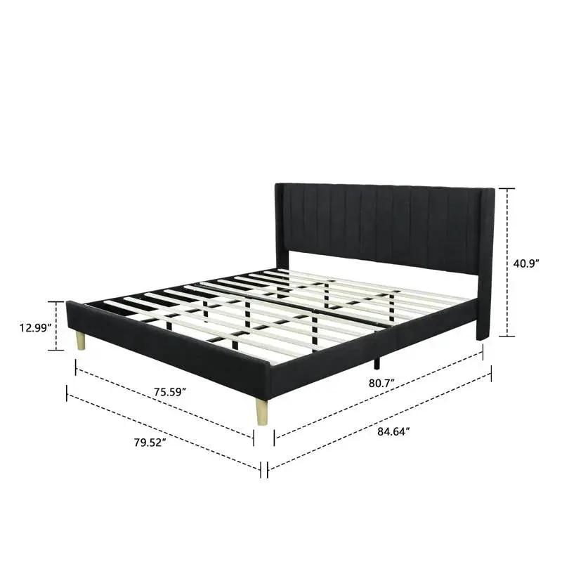 King size Mid-Century Black Linen Platform Bed Frame with Upholstered Headboard - Tampa Home & Garden Store