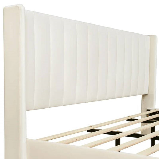 King Mid-Century Platform Bed Frame with Cream Velvet Upholstered Headboard - Tampa Home & Garden Store