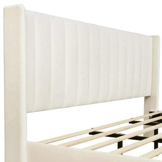 King platform bed frame with cream velvet headboard by HomePacific, ivory upholstery on Tampa Home & Garden Store
