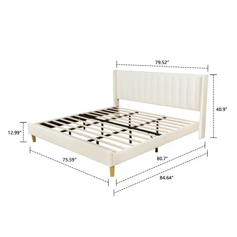 King platform bed frame with cream velvet headboard and wood legs by HomePacific on Tampa Home & Garden Store