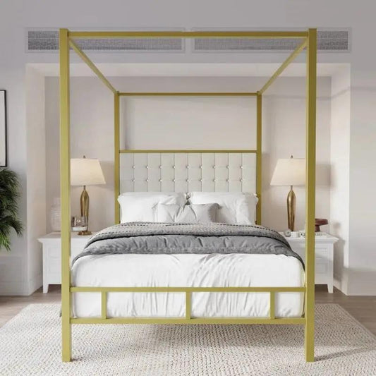 King Gold Metal Canopy Bed with upholstered tufted headboard in white, king size on Tampa Home & Garden Store