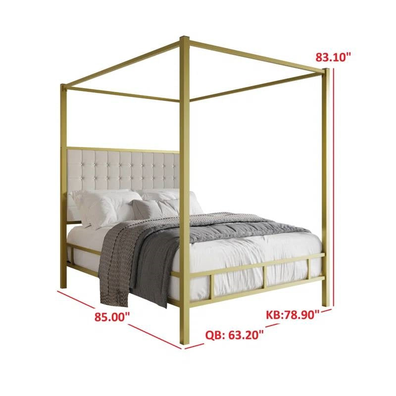 Cama con dosel de metal dorado tamaño King con cabecera tapizada con botones
