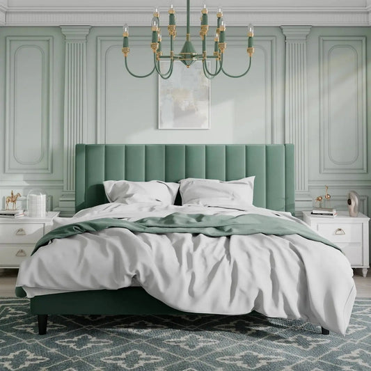 King Size Green Velvet Upholstered Platform Bed with paneled headboard and two nightstands on Tampa Home & Garden Store