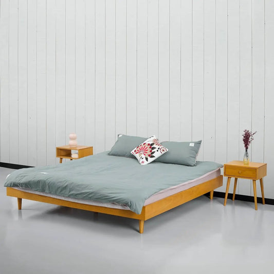 King Size Mid-Century Platform Bed Frame in light wood with two nightstands on Tampa Home & Garden Store