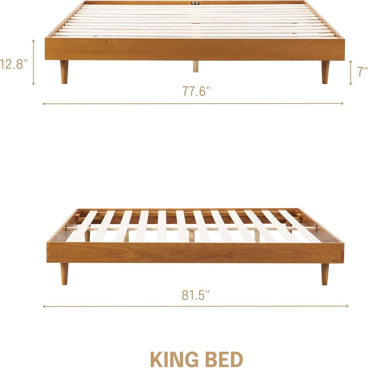 King size Mid-Century Modern Platform Bed Frame in Light Wood Finish