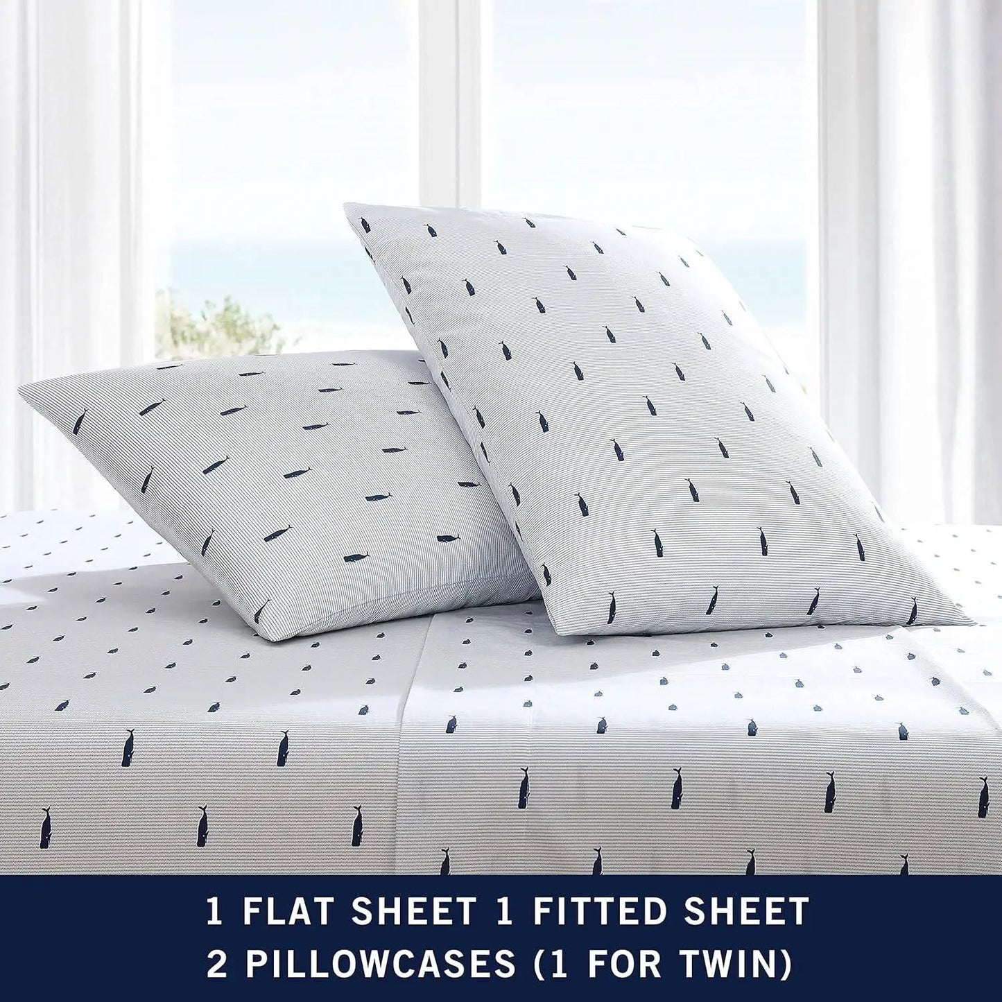 King size Coastal Beach 100-Percent Cotton Navy Blue White Stripe Sheet Set - Tampa Home & Garden Store