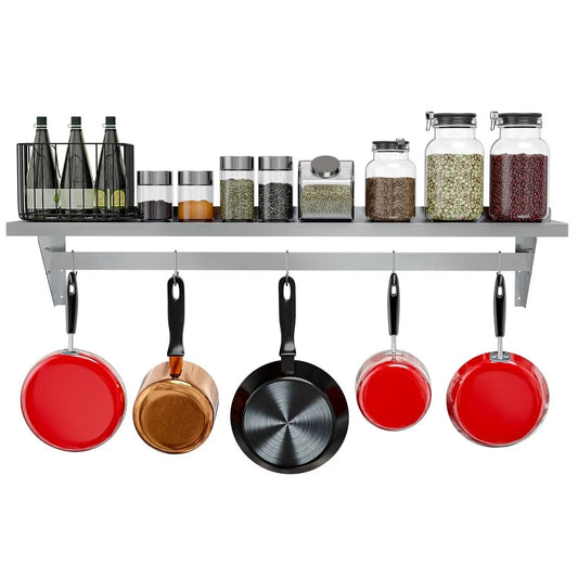 Stainless steel wall shelf with pot rack 12x60 by HomePacific, kitchen storage with jars on Tampa Home & Garden Store