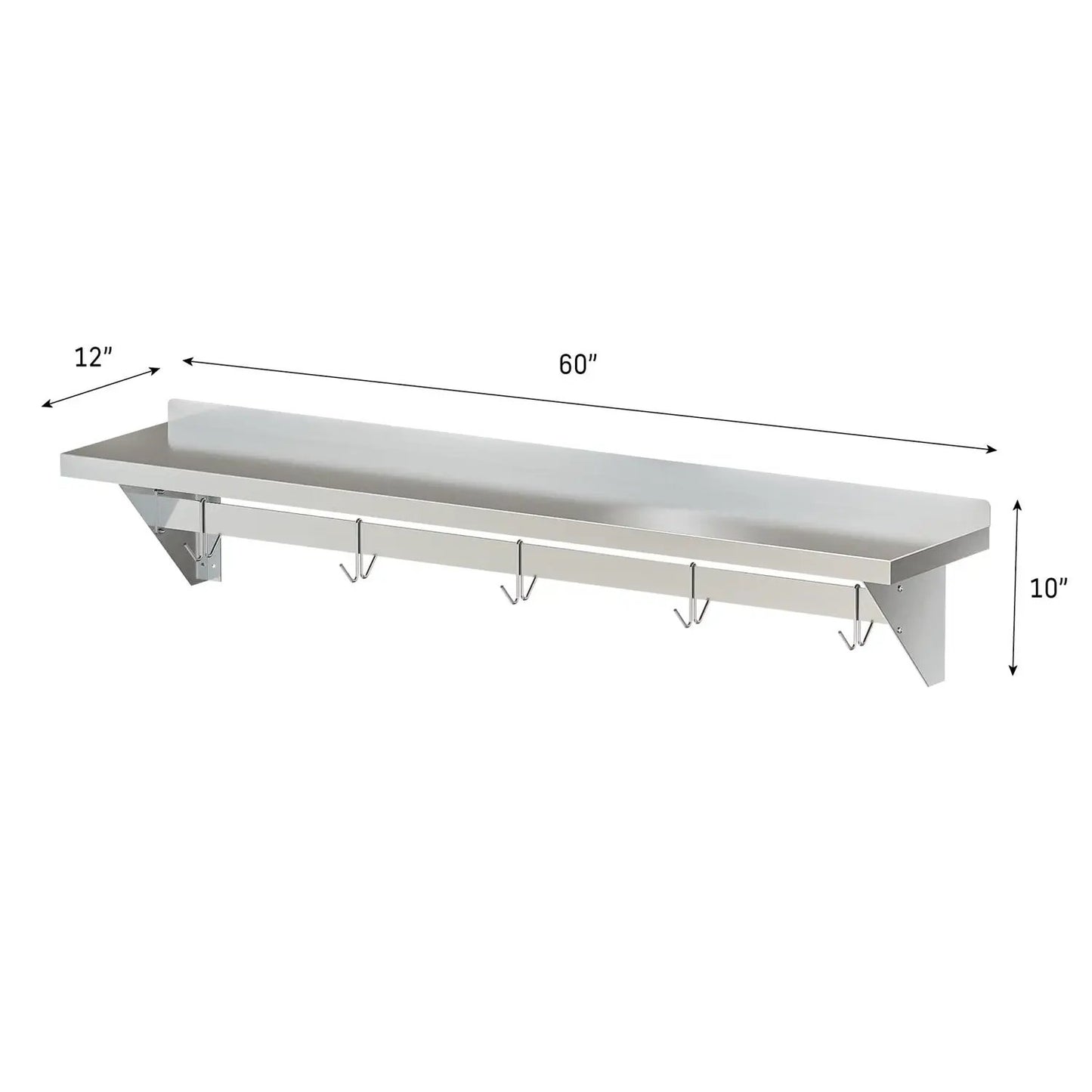 Stainless Steel Heavy Duty Wall Shelf with Pot Rack - 12 inches x 60 inches - Tampa Home & Garden Store