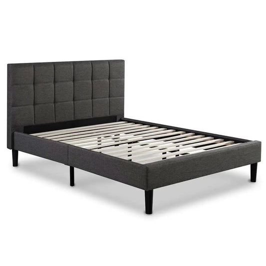King size dark grey upholstered platform bed with tall tufted headboard and slat support on Tampa Home & Garden Store