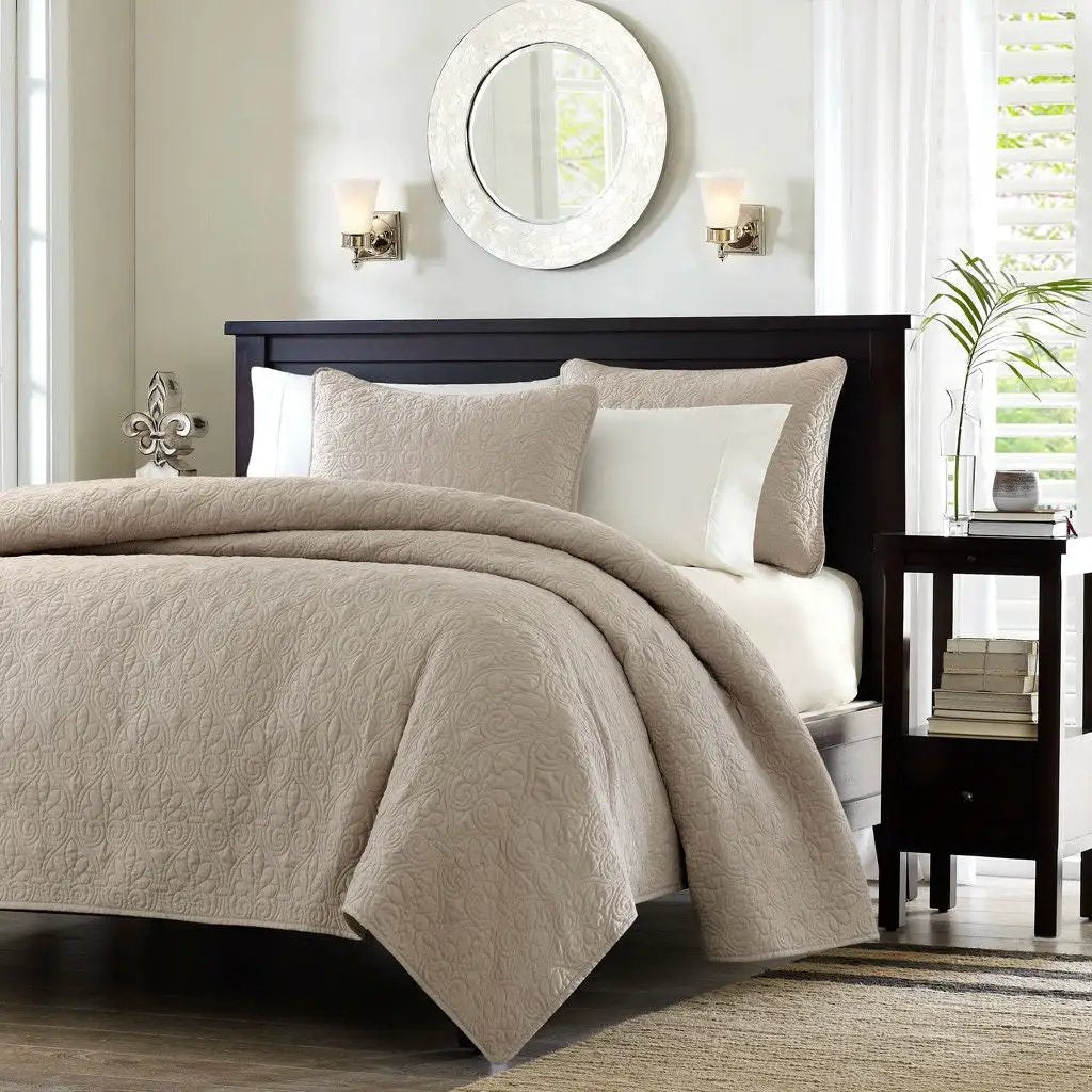 Full / Queen size Khaki Light Brown Tan Coverlet Quilt Set with 2 Shams - Tampa Home & Garden Store