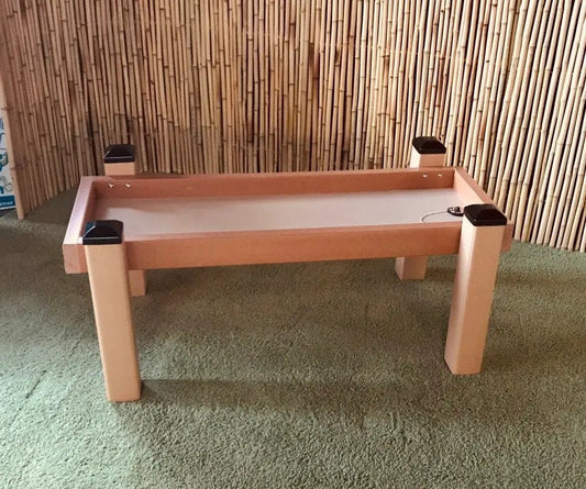 Kids Station Grow With Me sand and water trough, beige wood frame with black caps, outdoor play unit on Tampa Home & Garden Store
