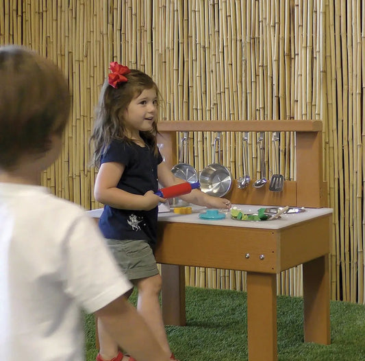 KSO MT3018 Kids' Station Mud Kitchen Indoor with utensils on wooden play counter on Tampa Home & Garden Store