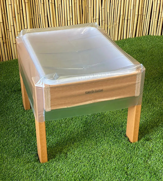 Kids Outdoor Sand and Water Table with Drain by Kids Station, wooden legs, semi-clear tub on Tampa Home & Garden Store