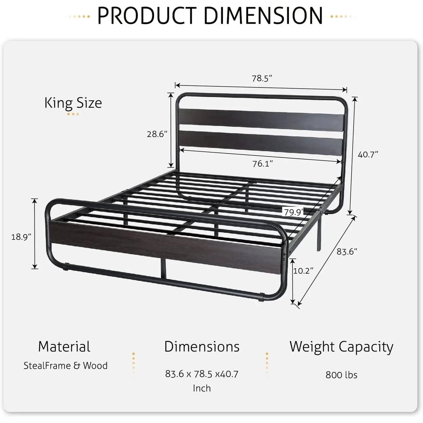 King Heavy Duty Round Metal Frame Platform Bed with Black Wood Panel Headboard - Tampa Home & Garden Store