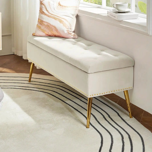 Mid-Century Modern bed storage bench in ivory velvet with tufted top and gold legs on Tampa Home & Garden Store