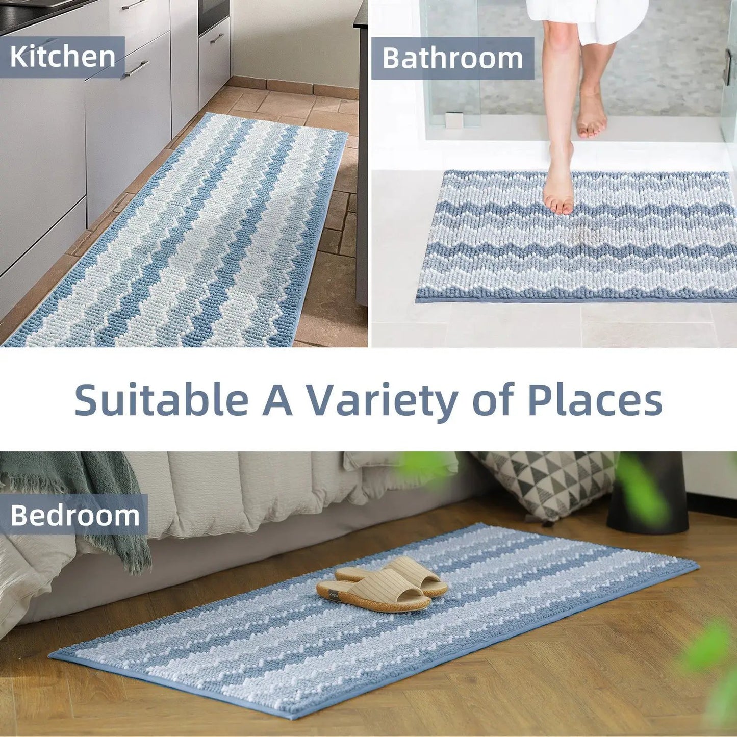 Kasentex bath rug mat in soft blue-gray chevron chenille, non-slip absorbent fabric; set of 3 on Tampa Home & Garden Store